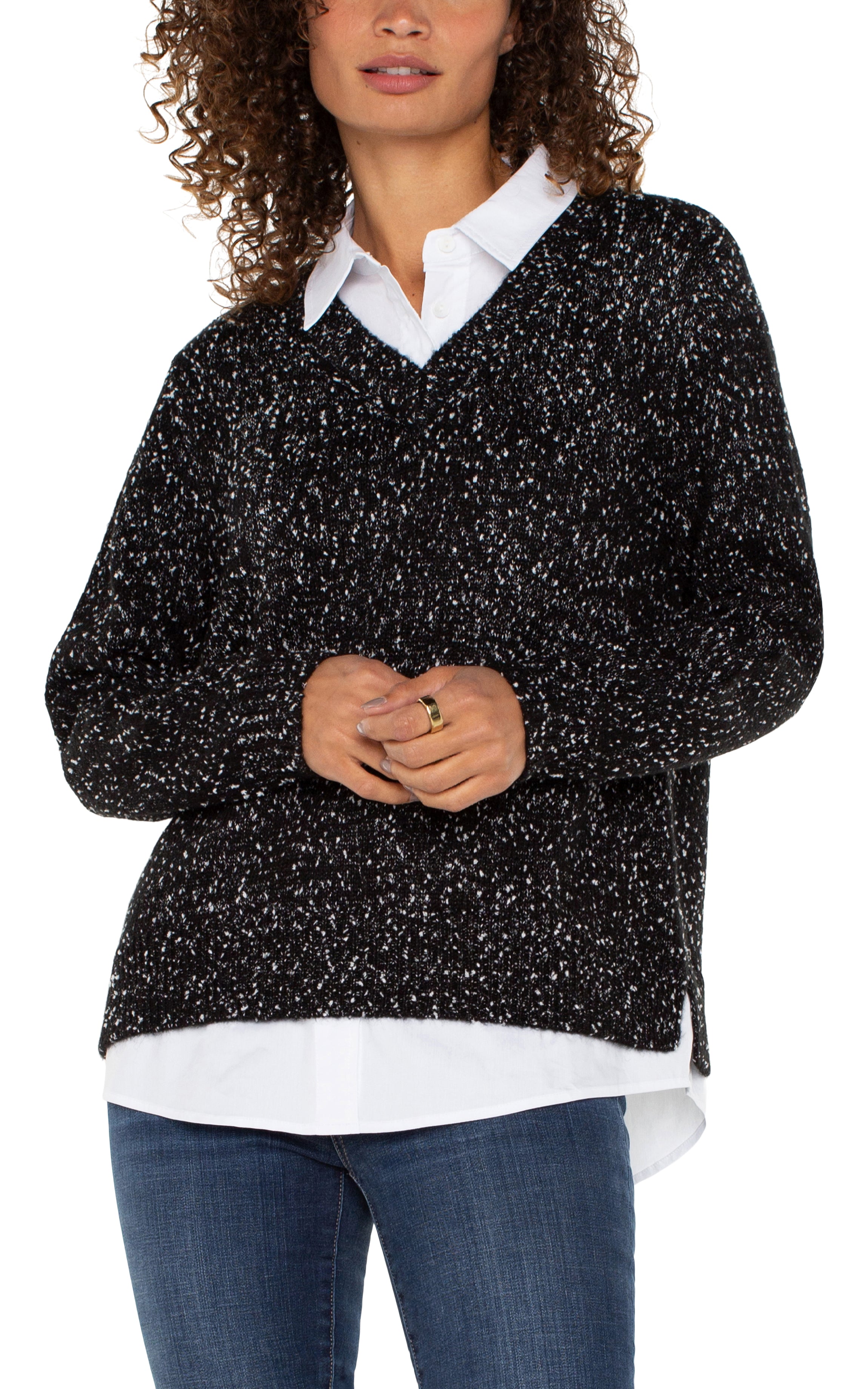 Black w/White Flecks Two-fer Collared Sweater