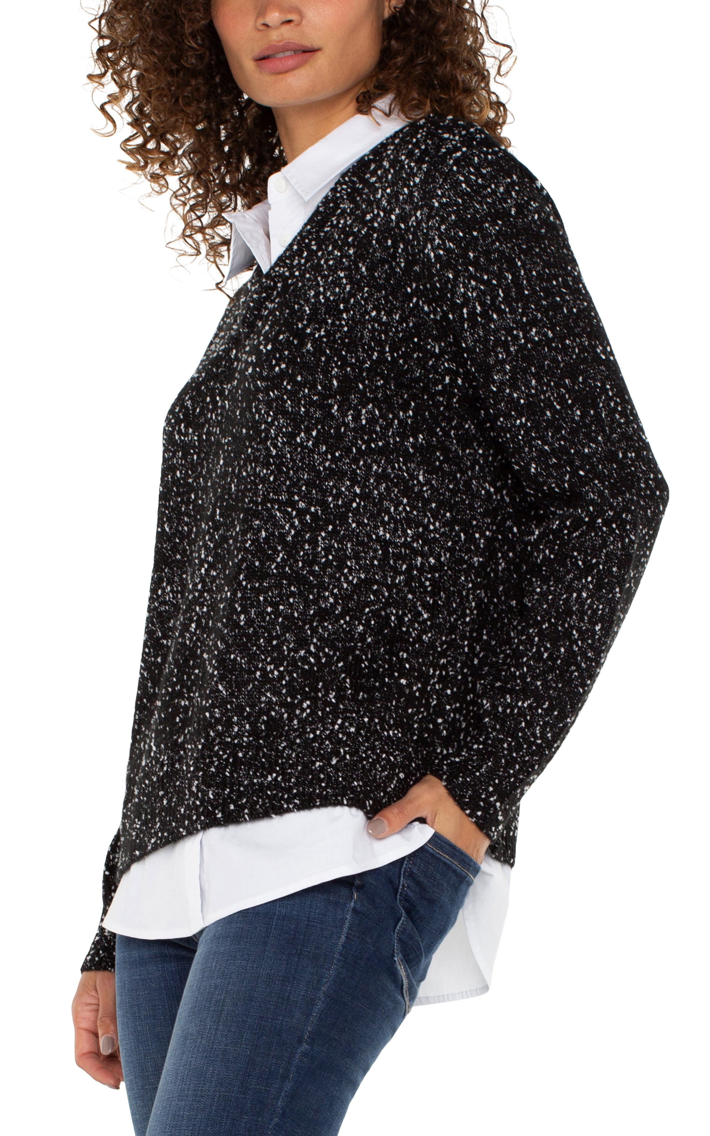 Black w/White Flecks Two-fer Collared Sweater