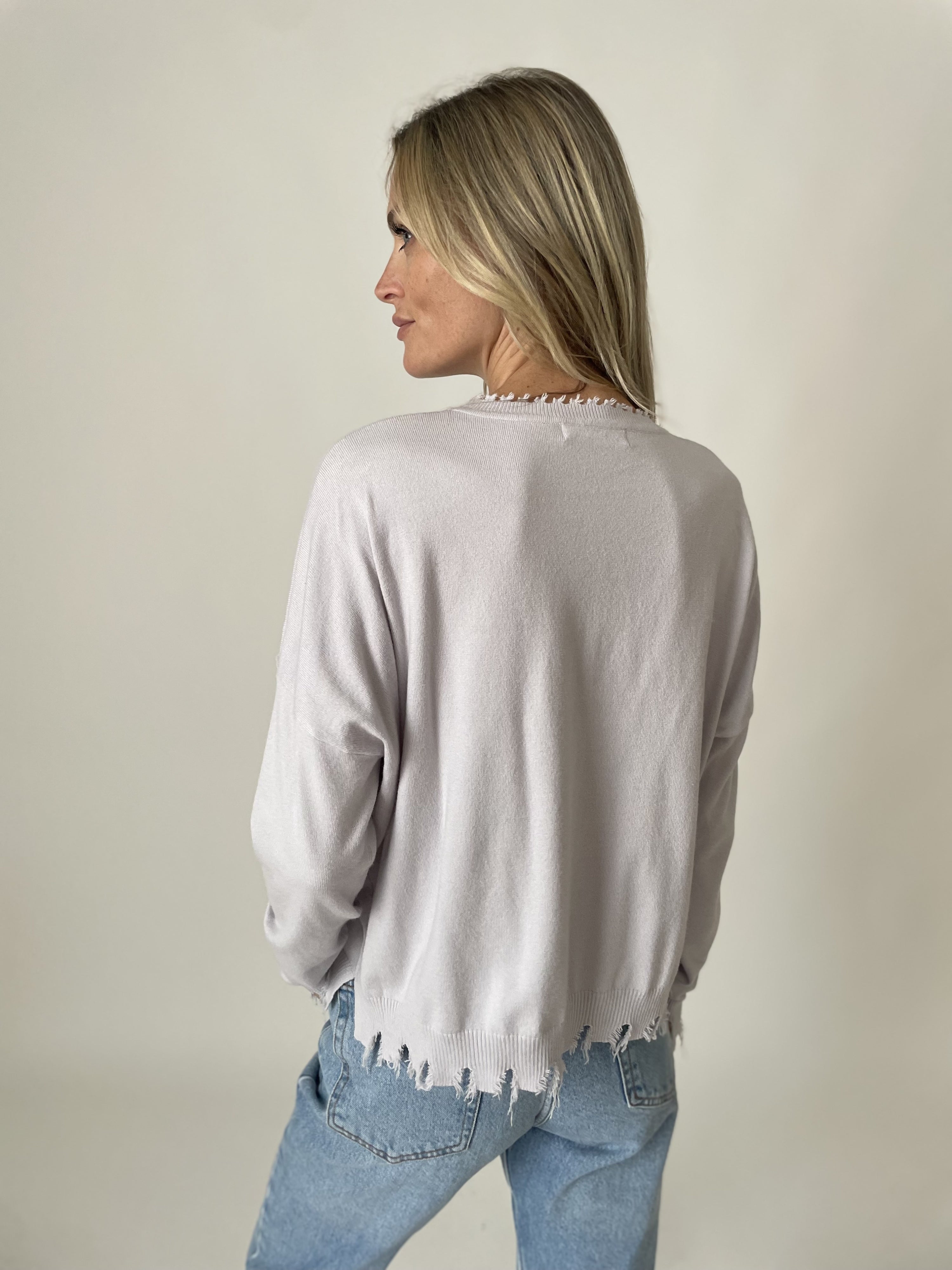 Andrea Heather Grey Fringed Top