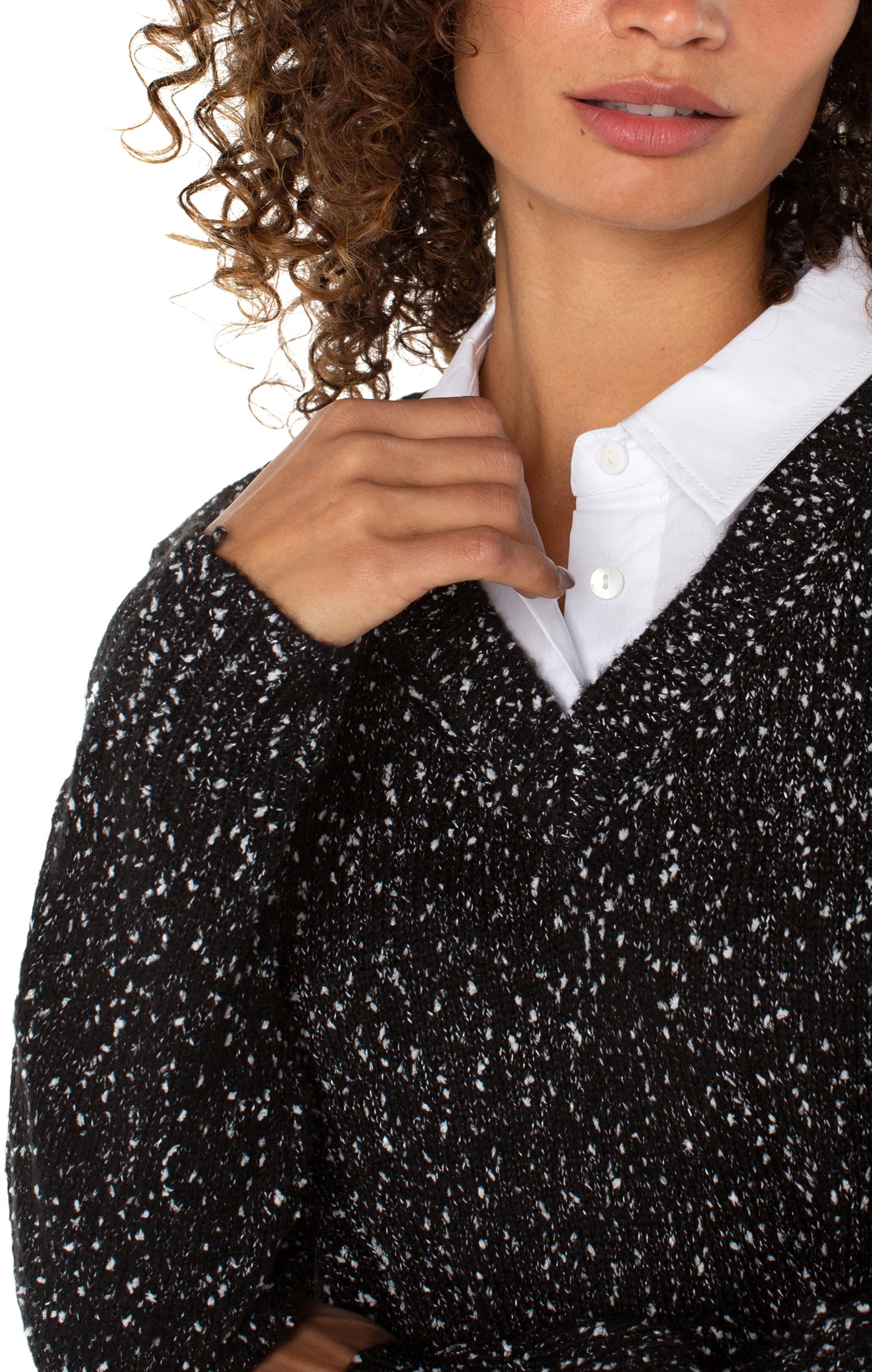 Black w/White Flecks Two-fer Collared Sweater