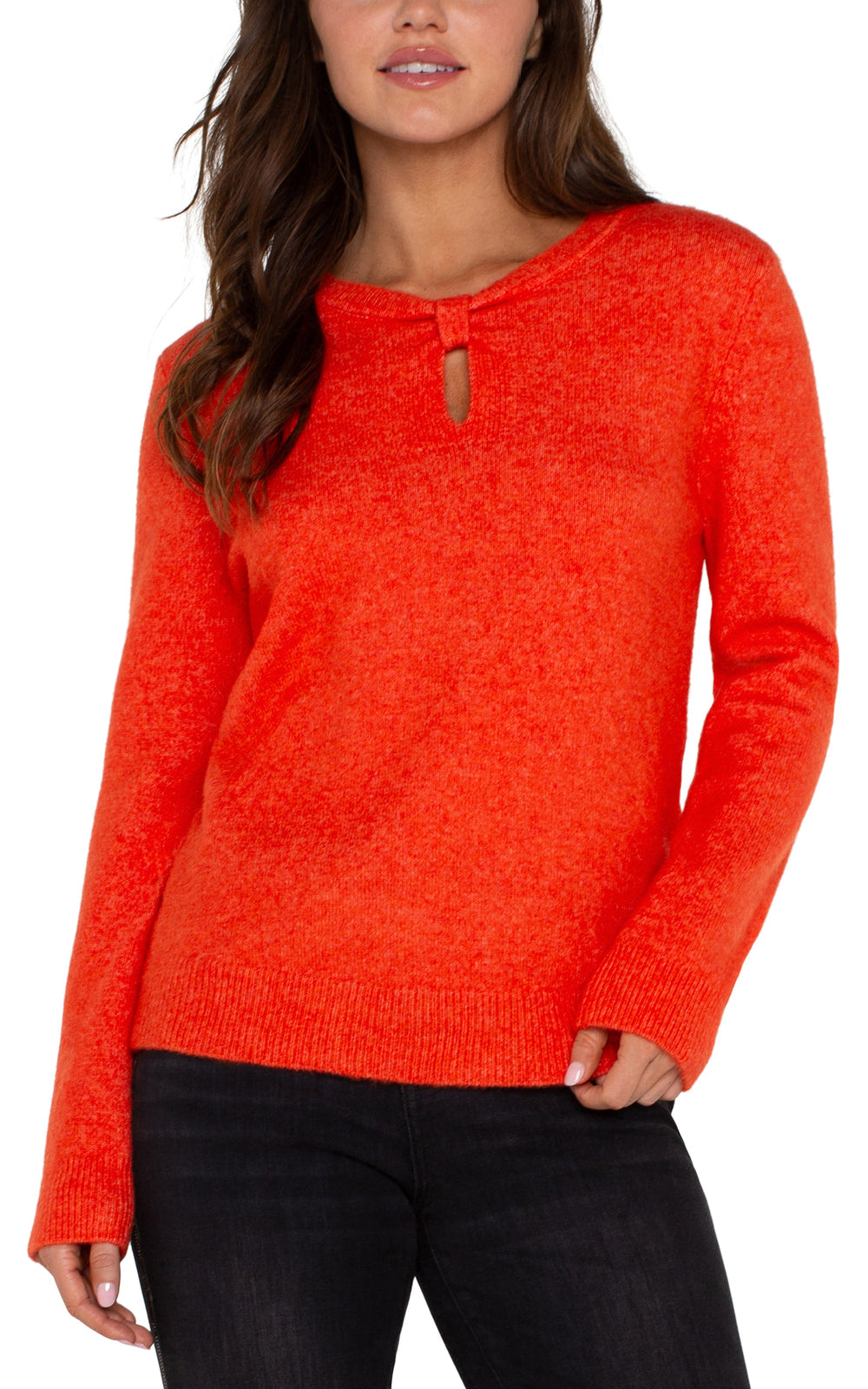 Orange Long Sleeve Cut Out Bow Neck Sweater